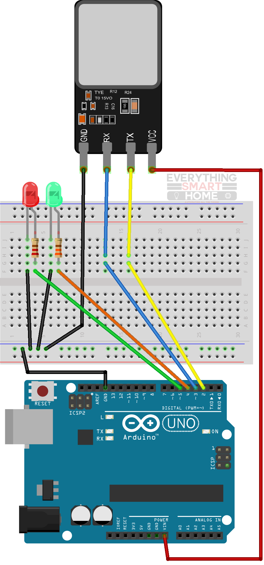 Arduino and FPM10A fingerprint sensor wiring diagram
