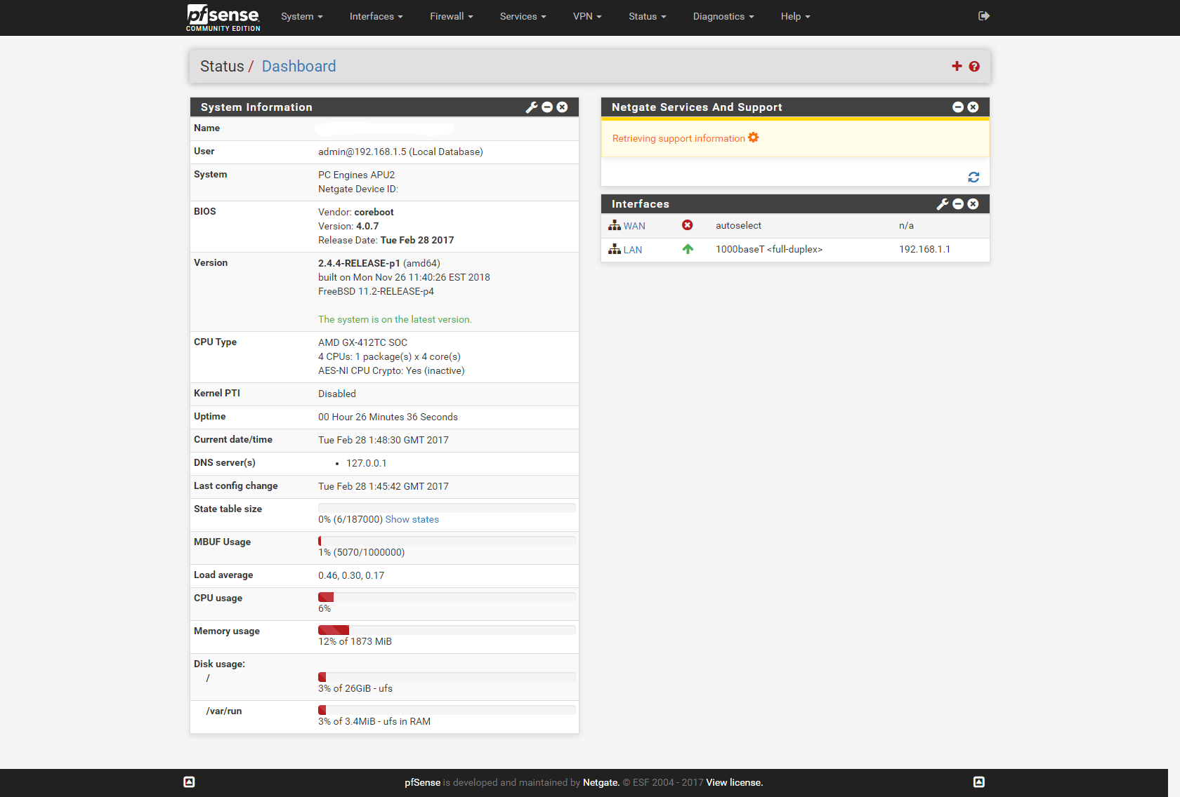 APU2 Initial pfSense dashboard after setup wizard