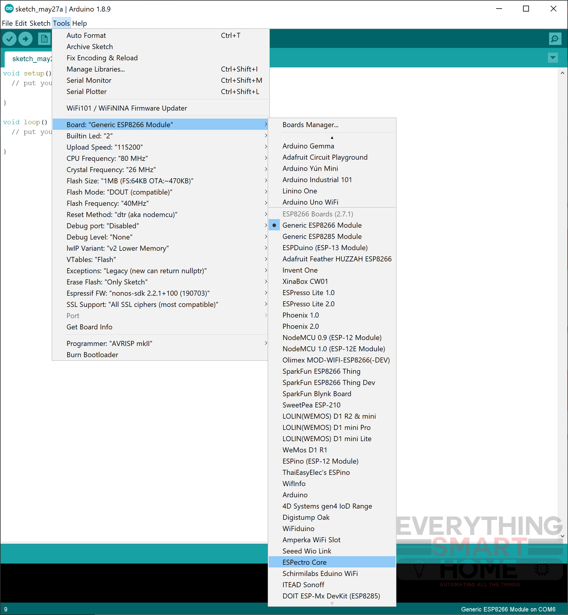 Arduino IDE board selector with esp8266