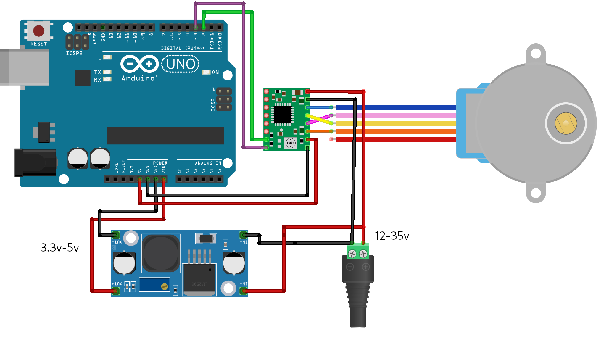 Schematic for wiring a 28BYJ-48 stepper motor with A4988 driver