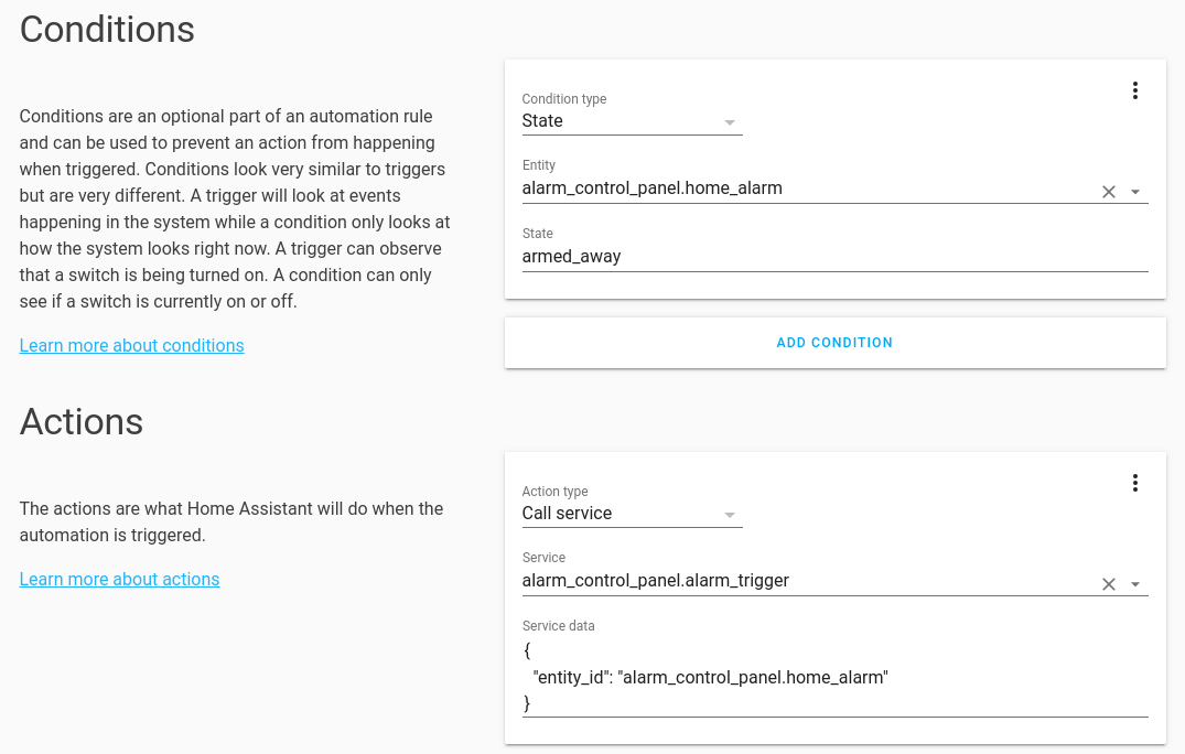 Home Assistant Alarm Automation Conditions and Actions