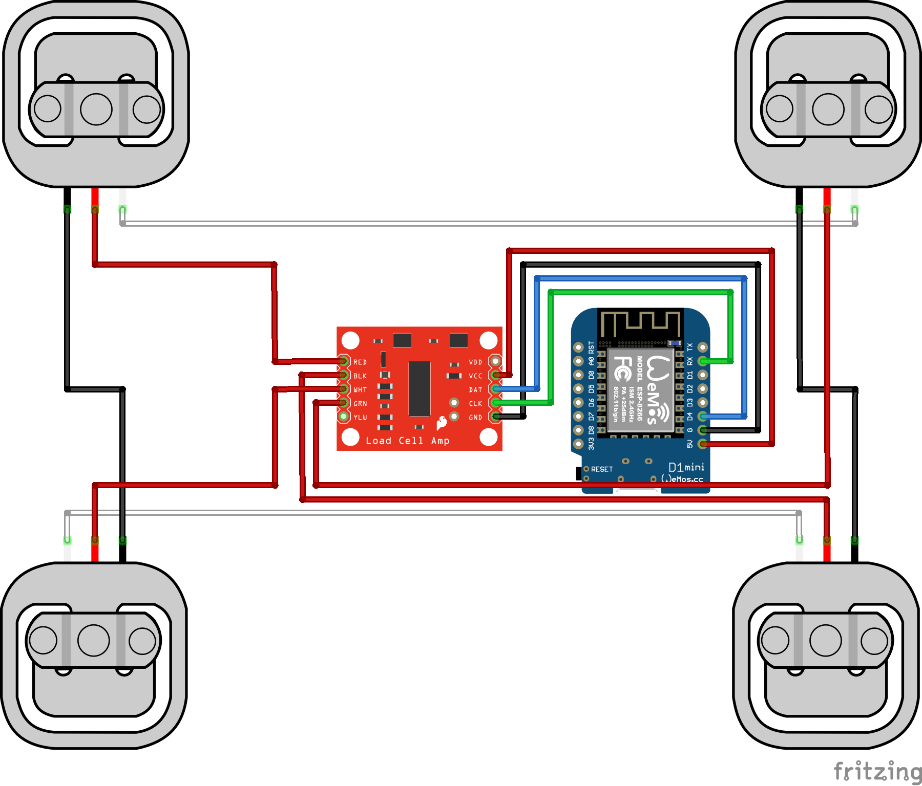Wiring diagram for 3 wire load cell, HX711 and ESP8266 Wemos D1 Mini