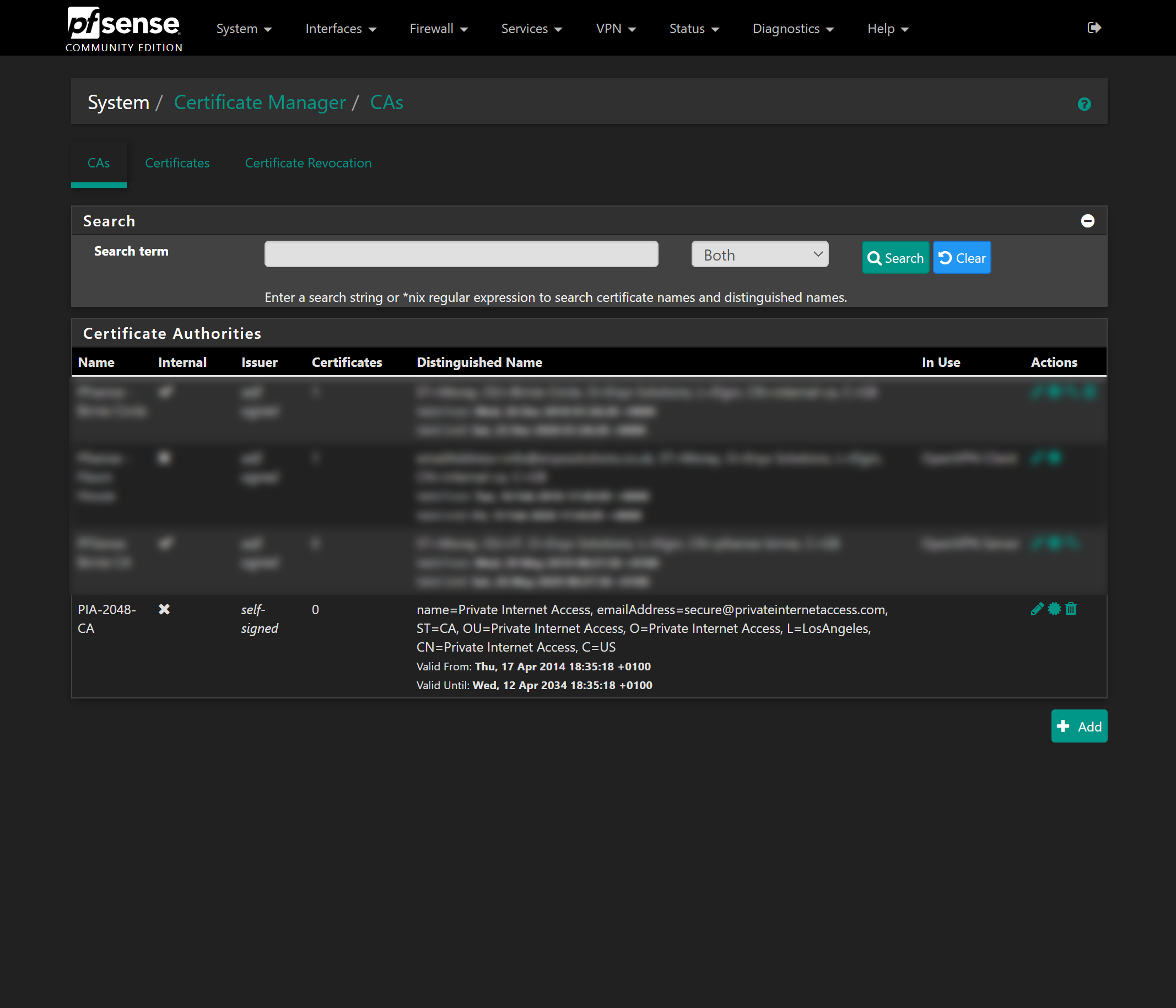 pfSense Certificate Authority with PIA