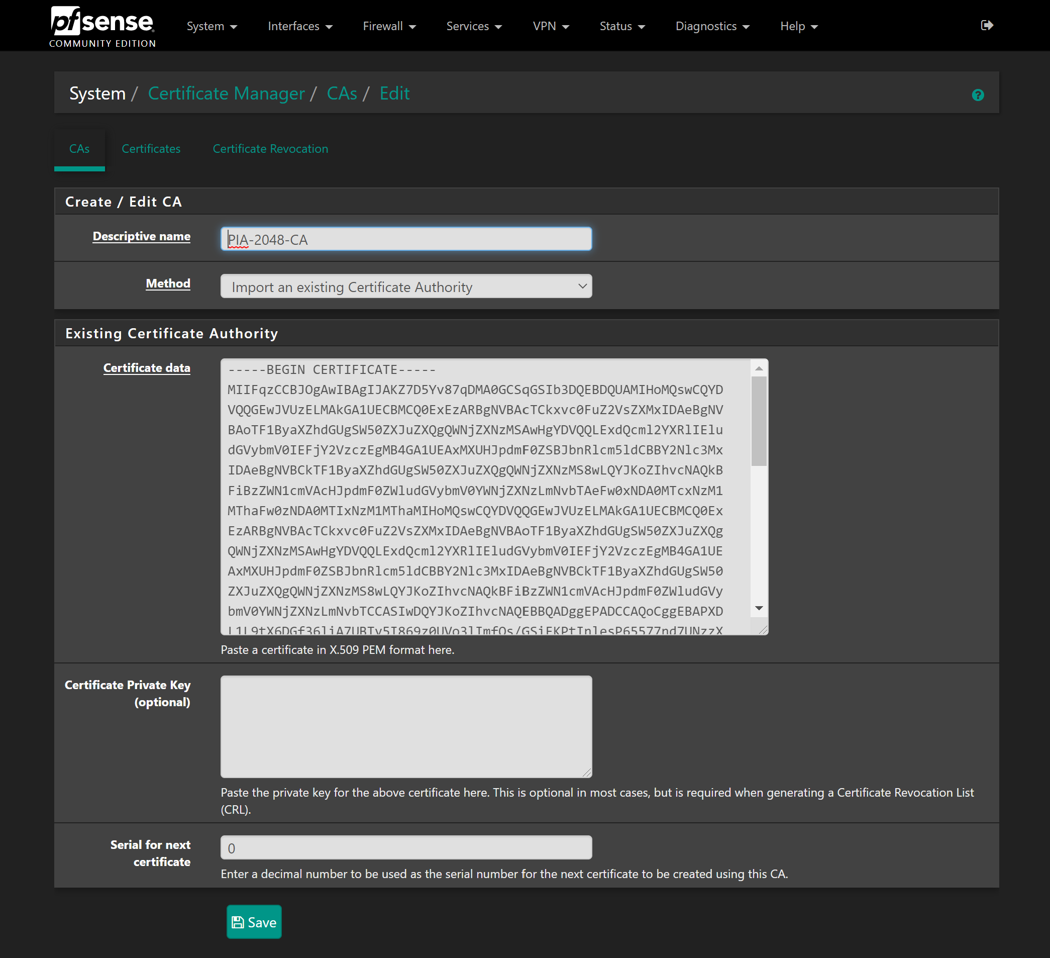 pfSense import certificate authority