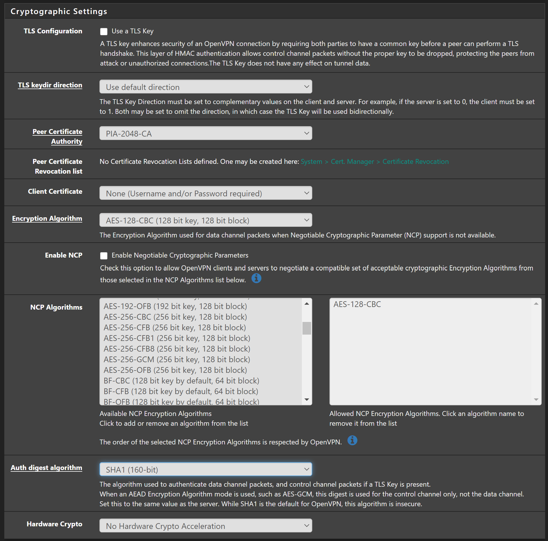 pfSense Crpytographic settings