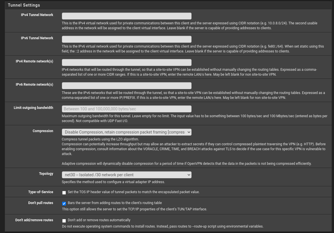 pfSense VPN Client Tunnel Settings