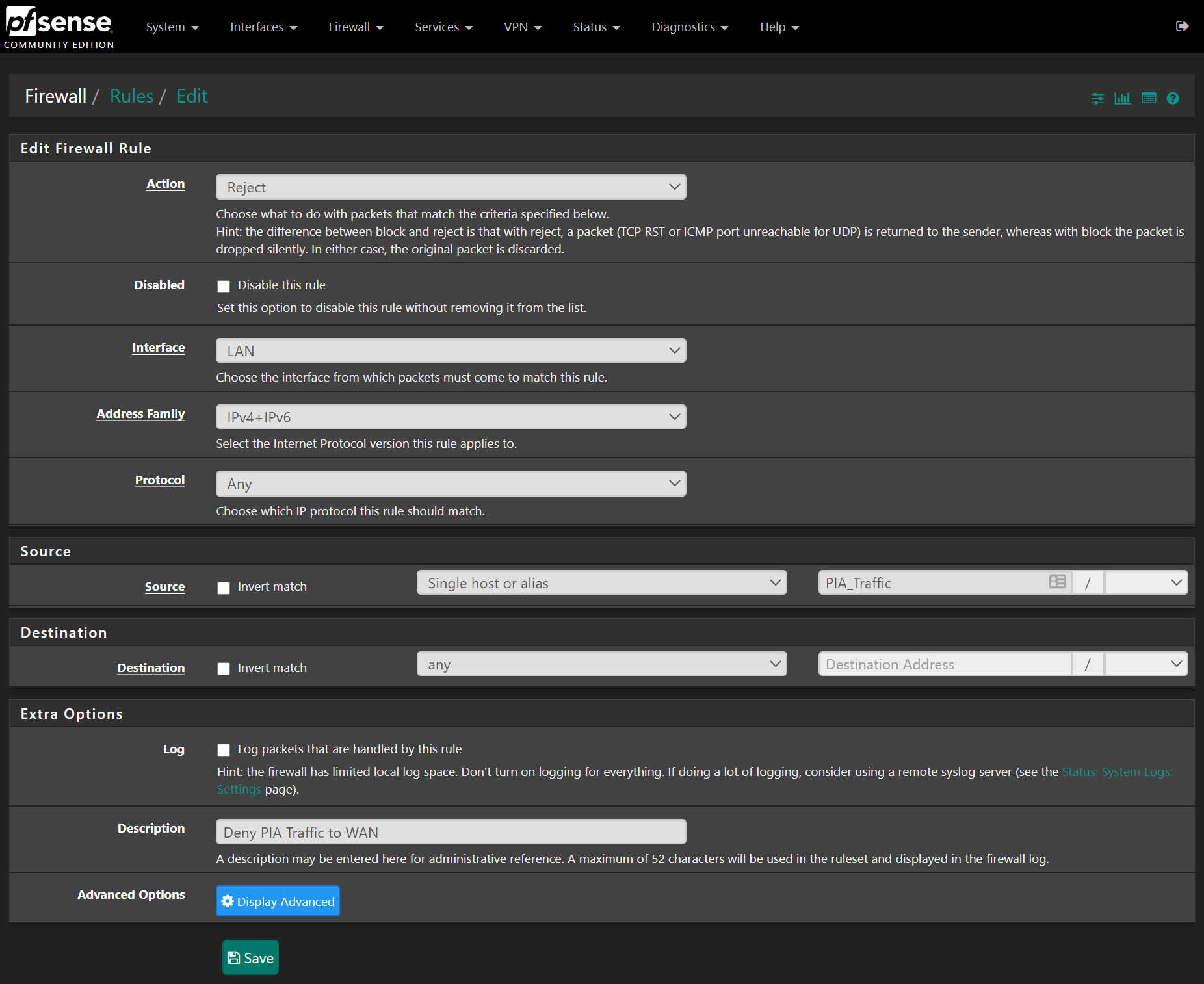 pfSense PIA Firewall Rule