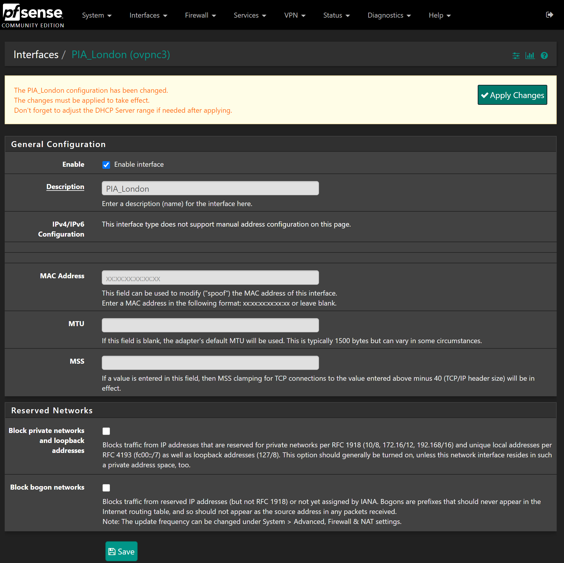 pfSense Edit VPN Interface