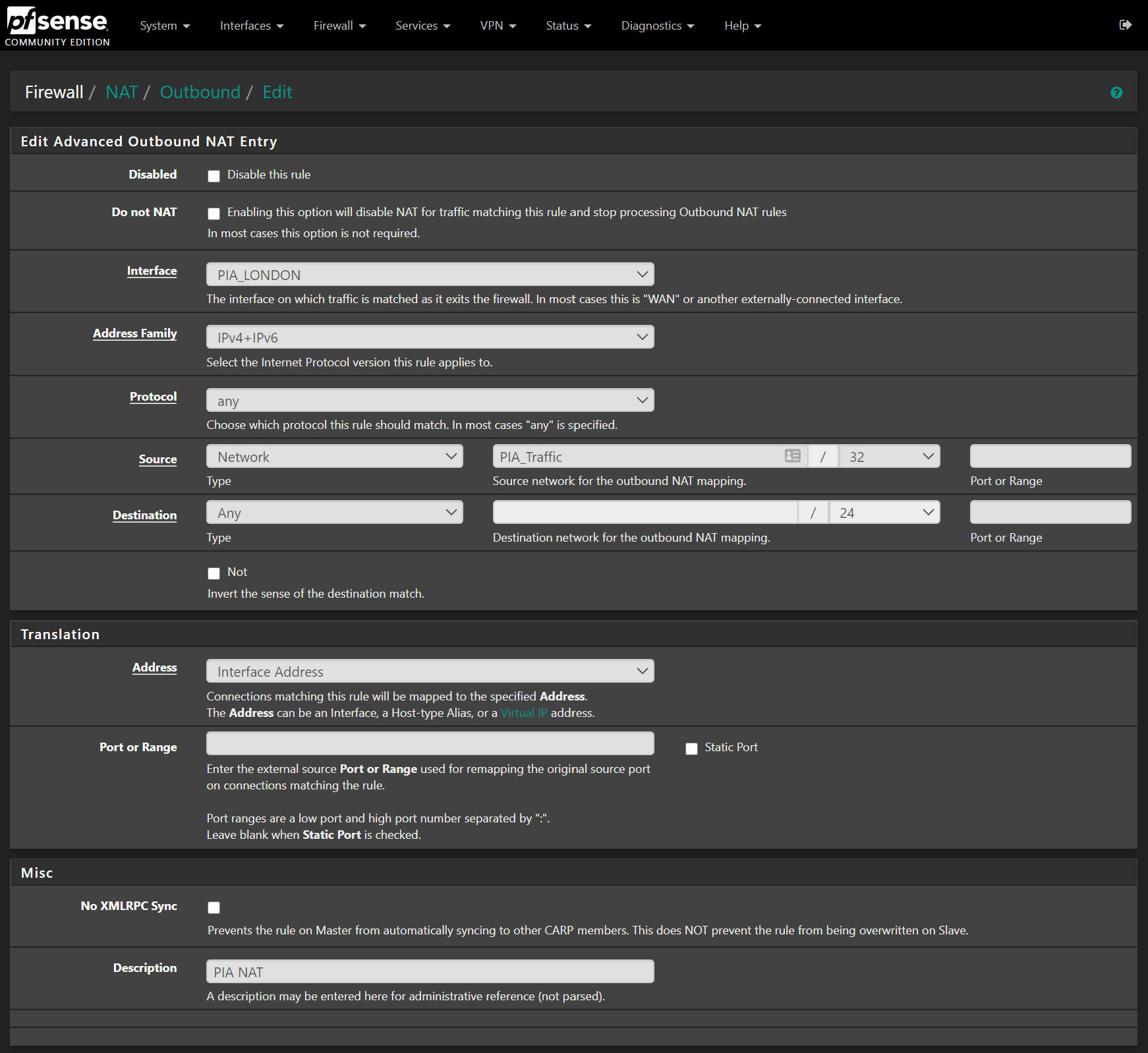 pfSense PIA Outbound NAT