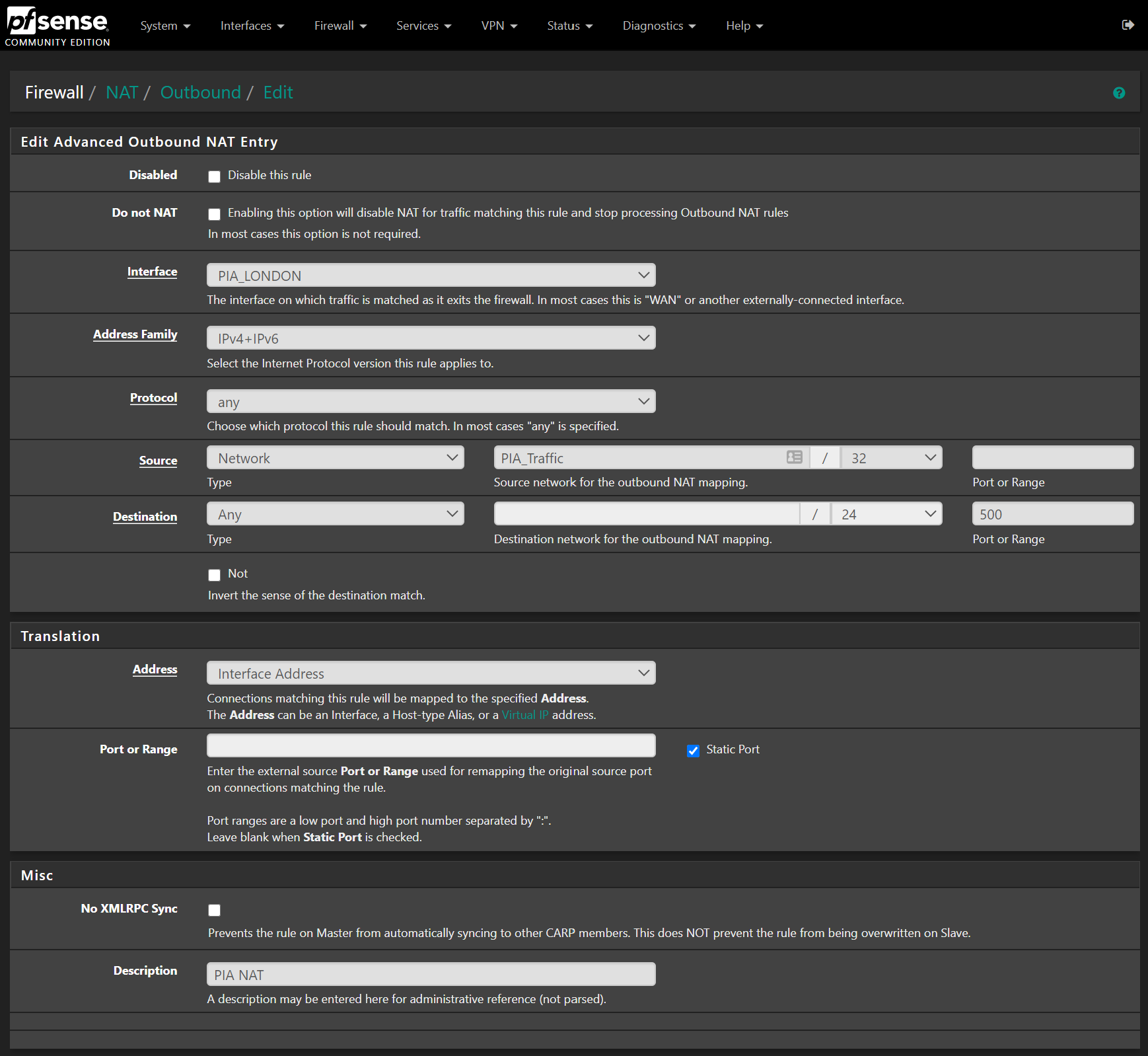 pfSense PIA Outband NAT